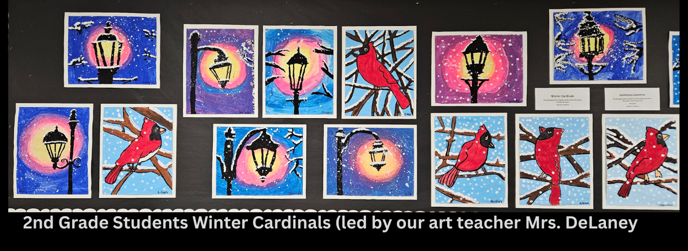 winter Cardinals done by 2nd grade students led by art teacher Mrs. DeLaney